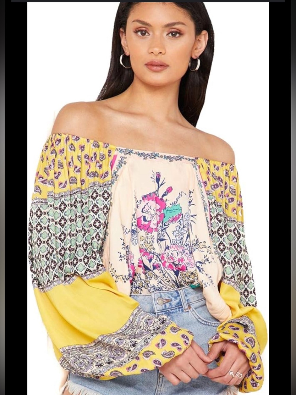 Free People Off-Shoulder silk  Floral Patchwork Top in Yellow
